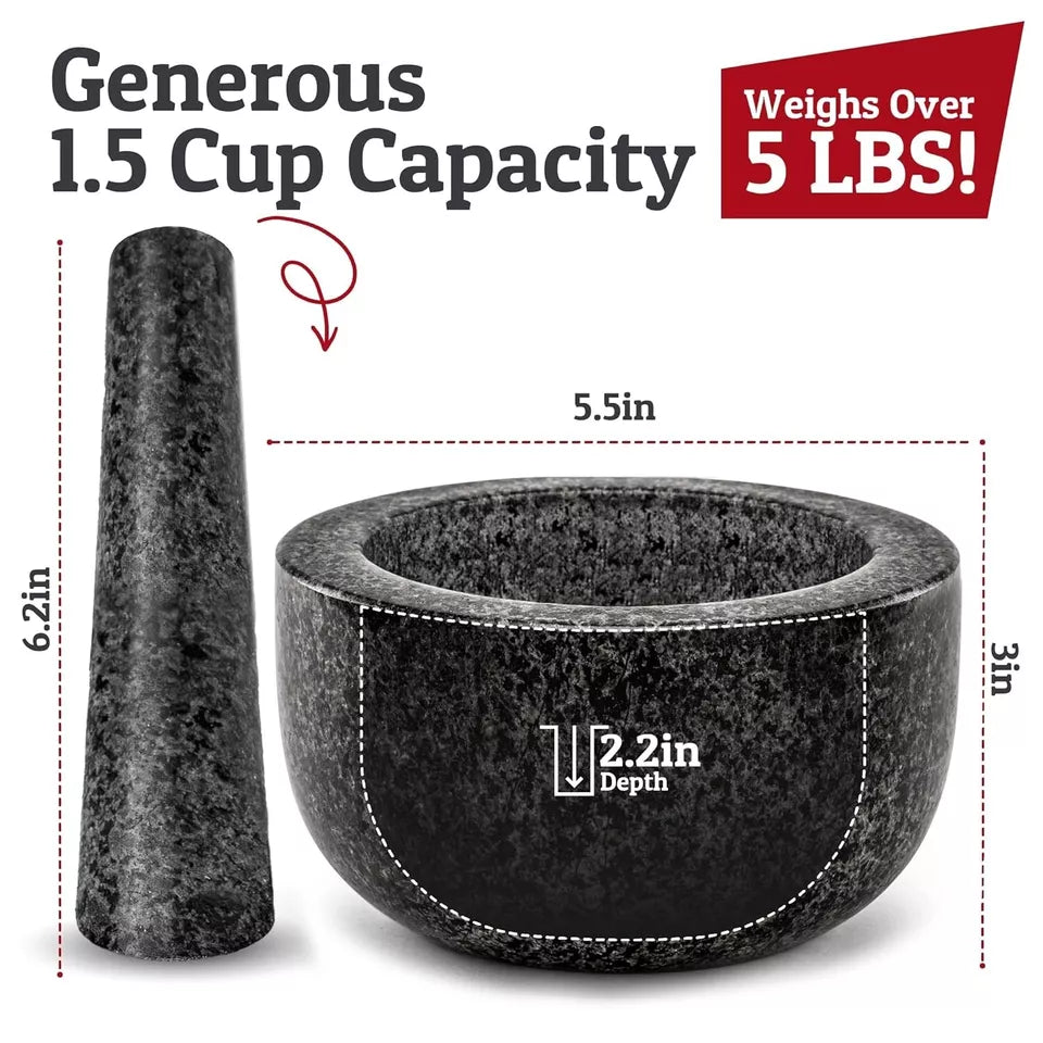 Heavy Duty Large Mortar and Pestle Set, 100% Granite, Non Slip Base