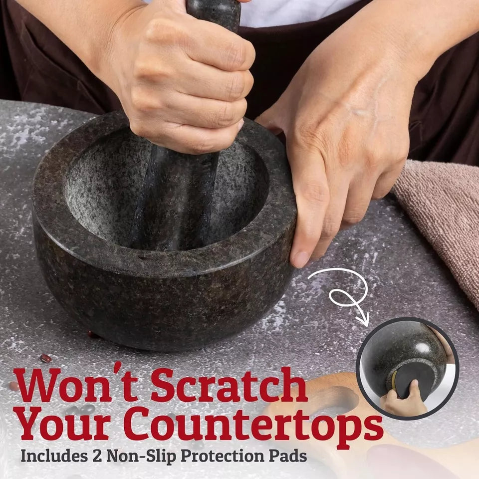 Heavy Duty Large Mortar and Pestle Set, 100% Granite, Non Slip Base