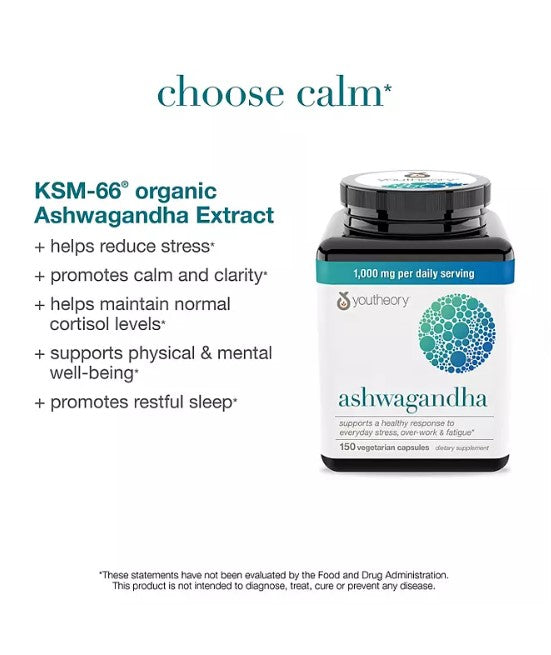 Youtheory Ashwagandha 1000 mg Vegetarian Capsules 150 ct.