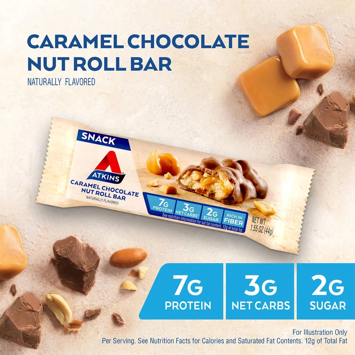 Atkins Anytime Snacks, Snack Bar, Caramel Chocolate Nut Roll, 18 ct.