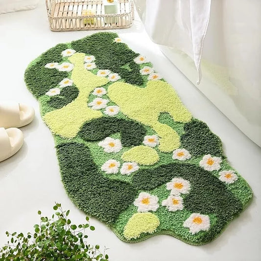 Bathroom Rugs Green Bath Mat Cute Moss Rug with Small White Flowers