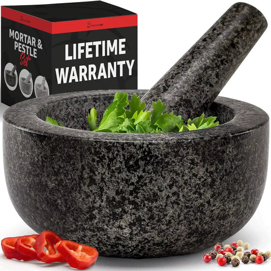 Heavy Duty Large Mortar and Pestle Set, 100% Granite, Non Slip Base