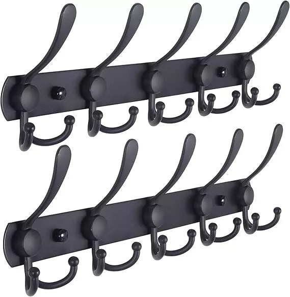Coat Rack 16"Black Stainless-Steel Wall Mounted 5-Tri-Hook Rail Heavy Duty 2pack