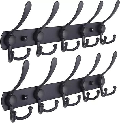 Coat Rack 16"Black Stainless-Steel Wall Mounted 5-Tri-Hook Rail Heavy Duty 2pack
