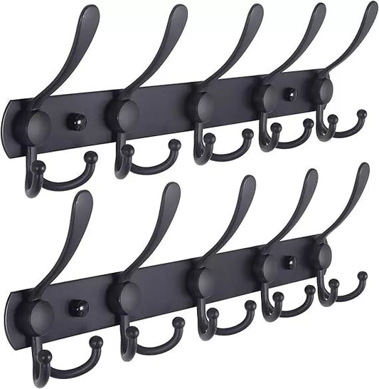 Coat Rack 16"Black Stainless-Steel Wall Mounted 5-Tri-Hook Rail Heavy Duty 2pack