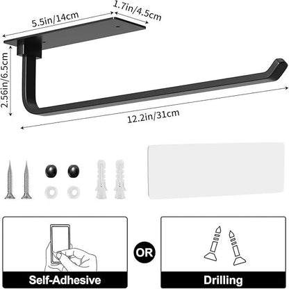 Paper Towel Holder - Self-Adhesive or Drilling, Matte Black, Upgraded Aluminum