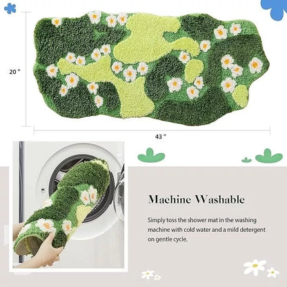 Bathroom Rugs Green Bath Mat Cute Moss Rug with Small White Flowers