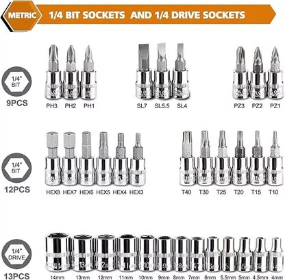 46 Pieces 1/4 inch Drive Socket Ratchet Wrench Set, with Bit Socket Set Metric