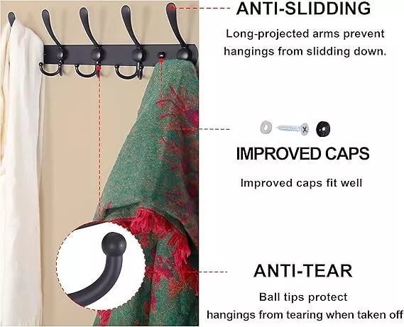 Coat Rack 16"Black Stainless-Steel Wall Mounted 5-Tri-Hook Rail Heavy Duty 2pack