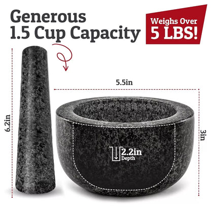 Heavy Duty Large Mortar and Pestle Set, 100% Granite, Non Slip Base