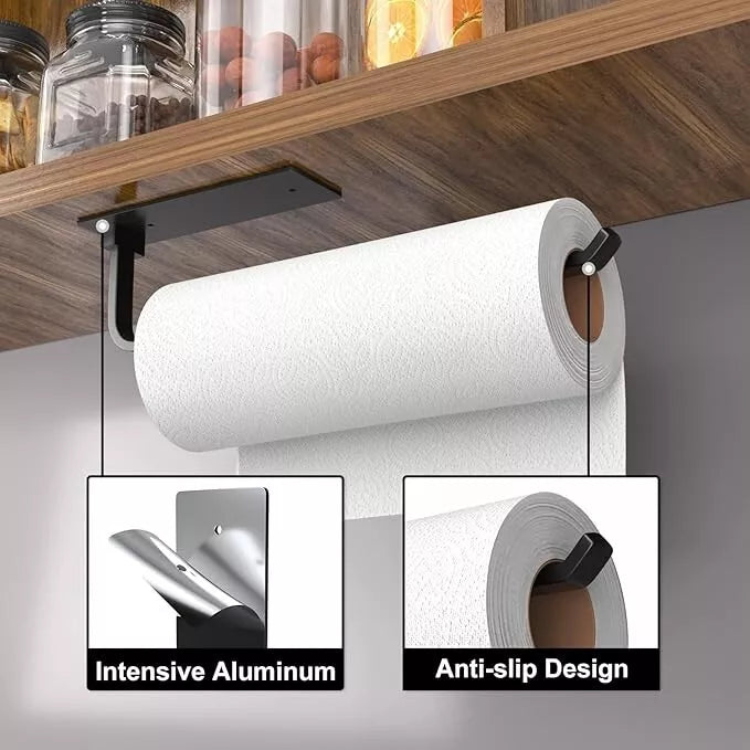 Paper Towel Holder - Self-Adhesive or Drilling, Matte Black, Upgraded Aluminum