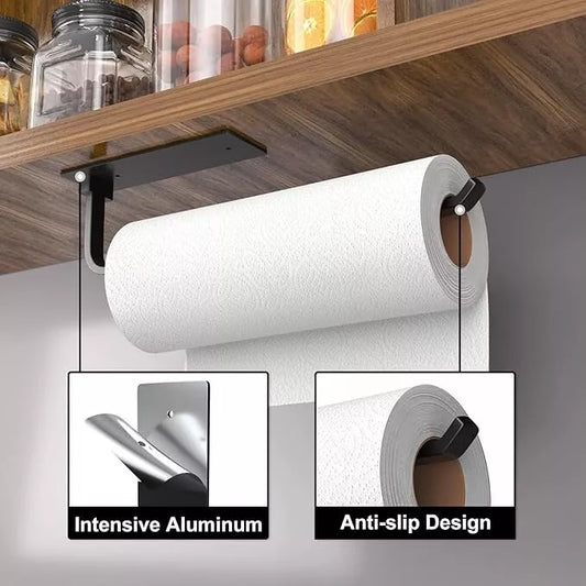 Paper Towel Holder - Self-Adhesive or Drilling, Matte Black, Upgraded Aluminum