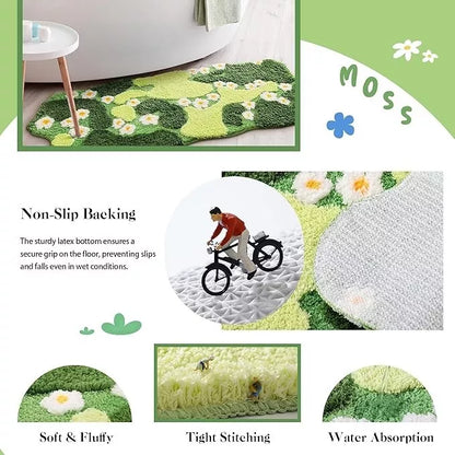 Bathroom Rugs Green Bath Mat Cute Moss Rug with Small White Flowers