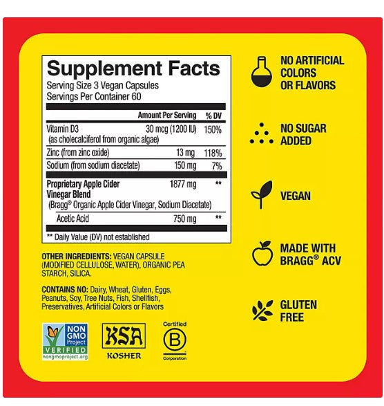 Bragg Apple Cider Vinegar 750 mg Capsules 180 ct.