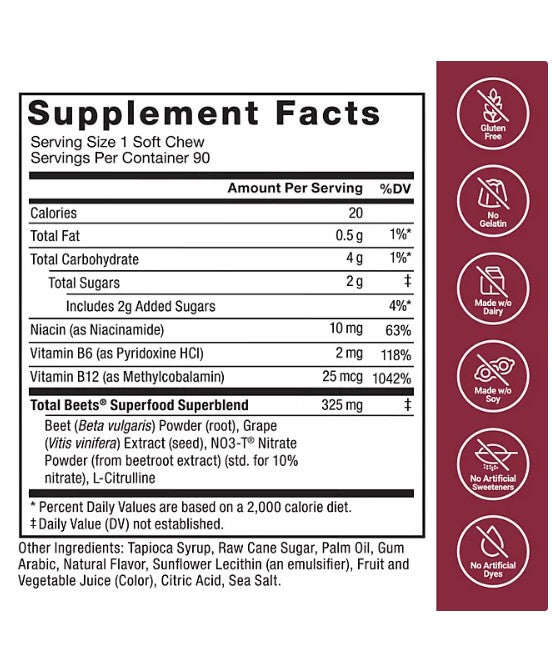Force Factor Total Beets, Beet Root Superfood Soft Chews, Acai Berry 90 ct.