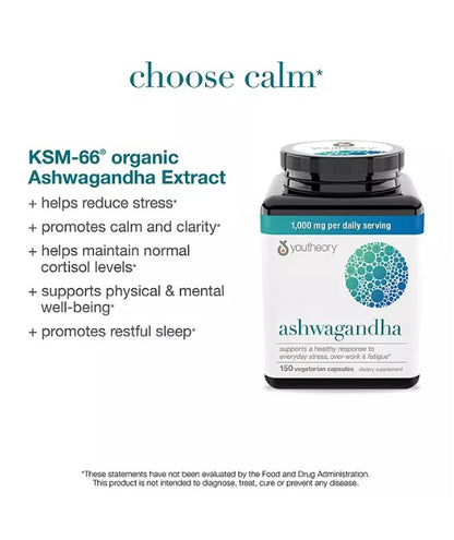 Youtheory Ashwagandha 1000 mg Vegetarian Capsules 150 ct.