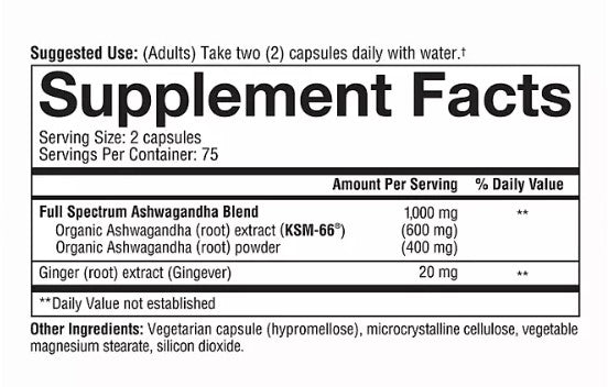 Youtheory Ashwagandha 1000 mg Vegetarian Capsules 150 ct.