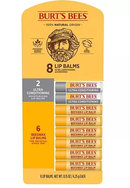 Burt's Bees 100% Natural Origin Beeswax Moisturizing Lip Balm 8 pk