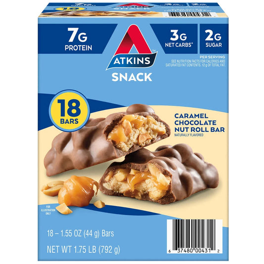 Atkins Anytime Snacks, Snack Bar, Caramel Chocolate Nut Roll, 18 ct.